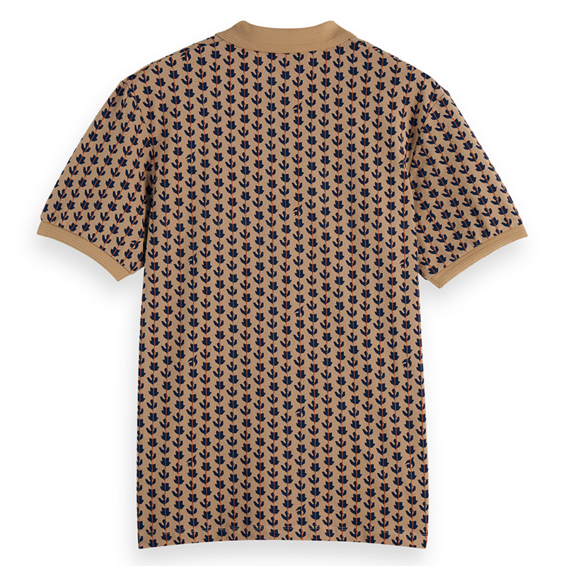 Micro Allover Print Jersey Regular Fit Polo - Ditsy Leaf Stripe Tannin