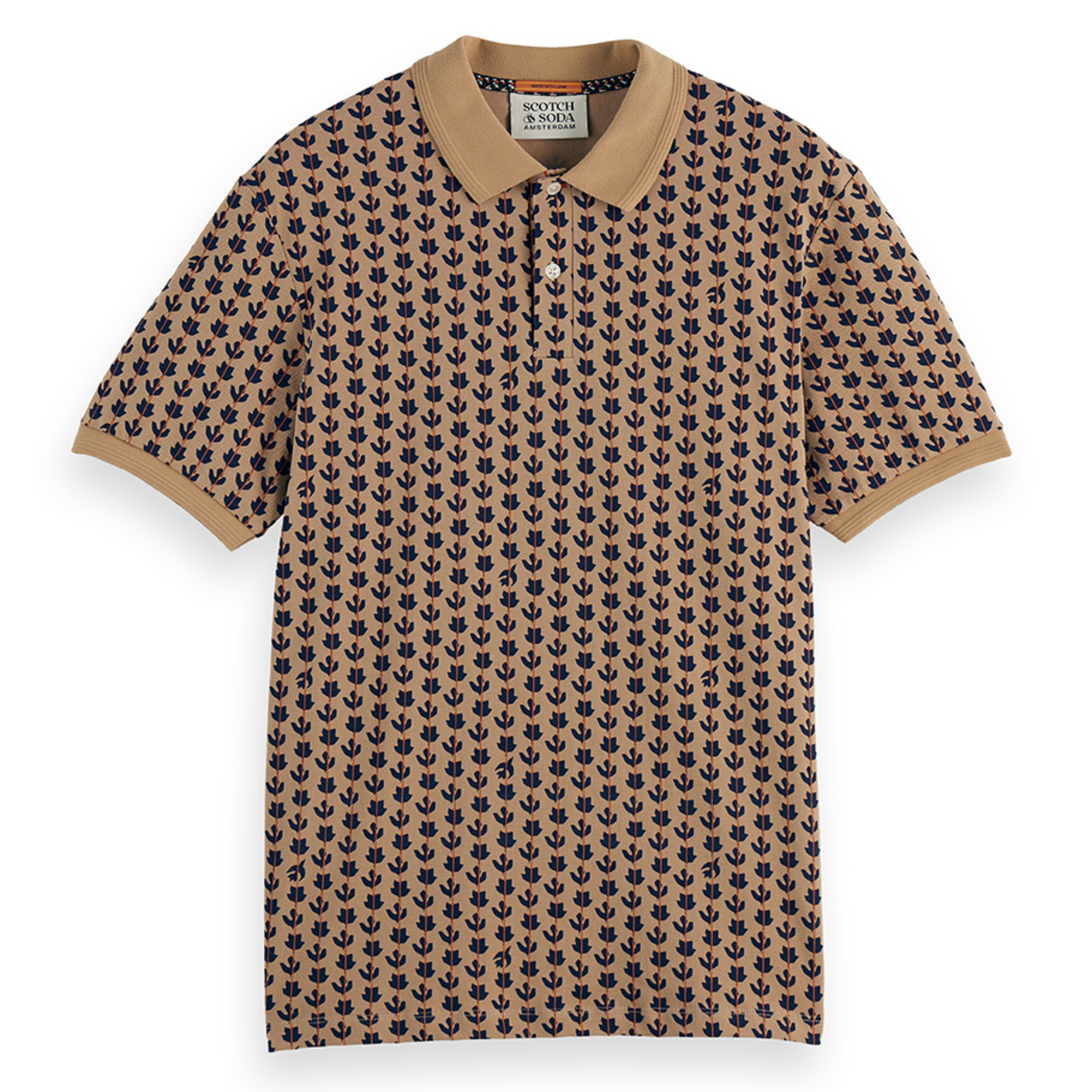 Micro Allover Print Jersey Regular Fit Polo - Ditsy Leaf Stripe Tannin