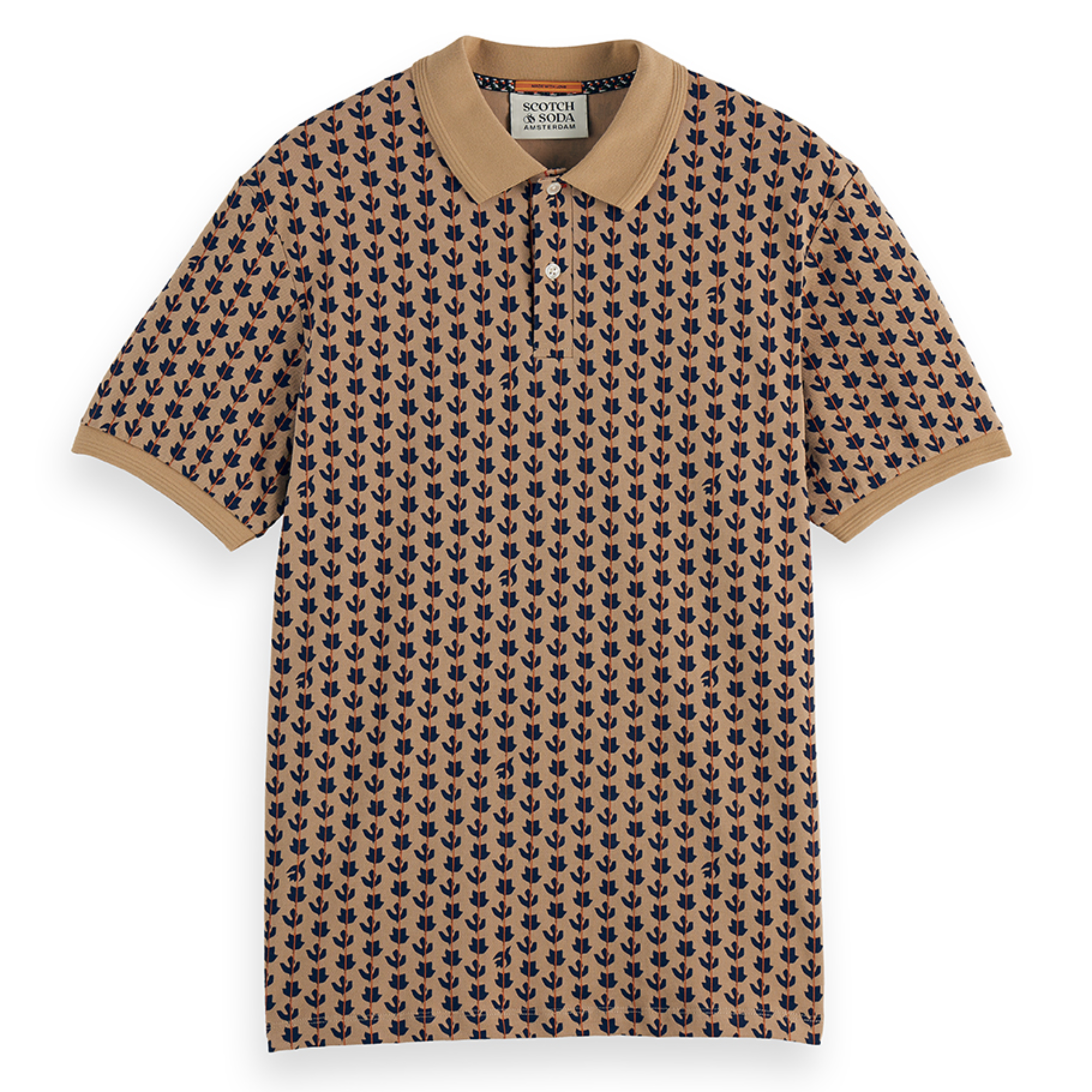 Micro Allover Print Jersey Regular Fit Polo - Ditsy Leaf Stripe Tannin