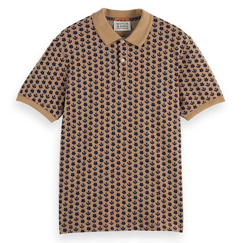 Micro Allover Print Jersey Regular Fit Polo - Ditsy Leaf Stripe Tannin