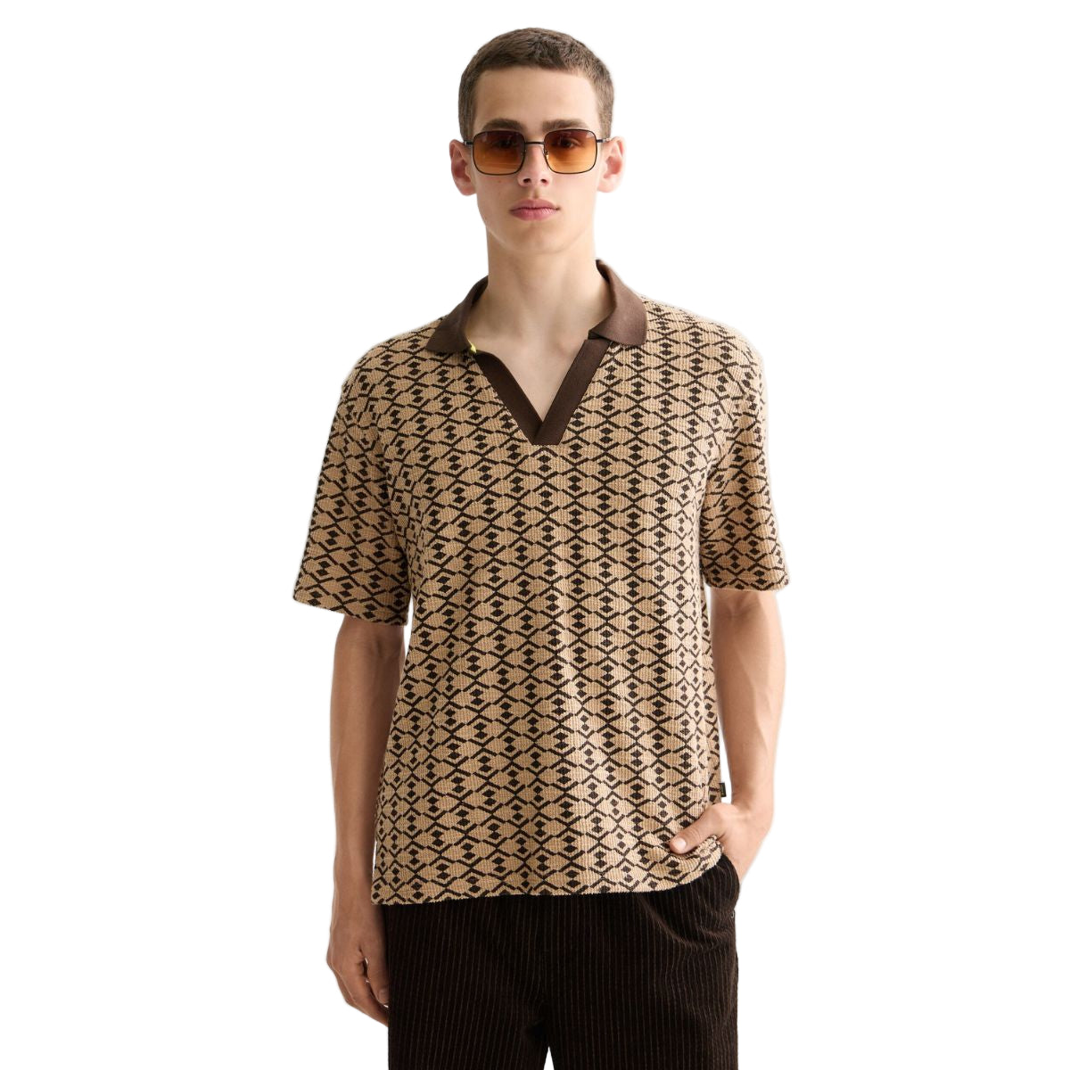 Towelling Printed Relaxed Fit Polo - Tannin