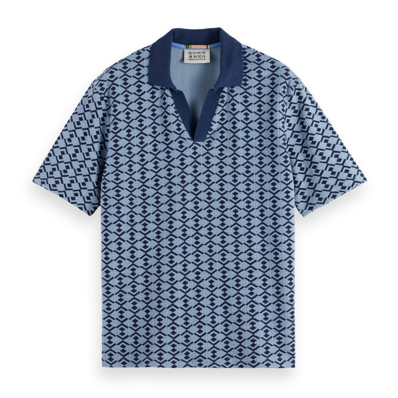 Towelling Printed Relaxed Fit Polo - Faded Denim