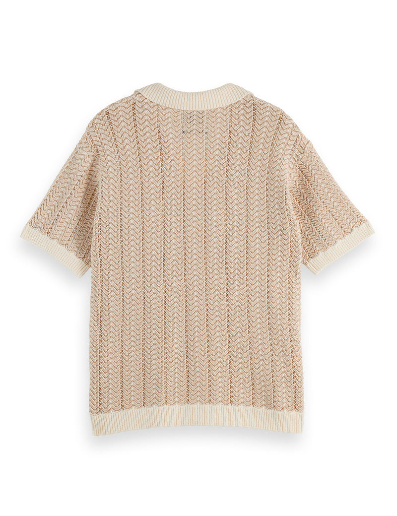 Open Structured Knitted V-Neck Polo - Eggnog