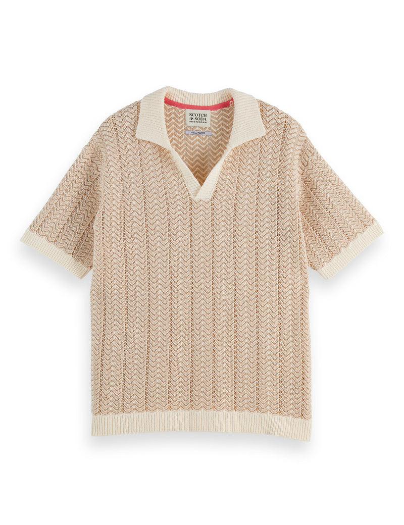Open Structured Knitted V-Neck Polo - Eggnog