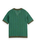 Open Structured Knitted V-Neck Polo - Thyme