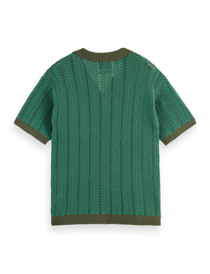 Open Structured Knitted V-Neck Polo - Thyme
