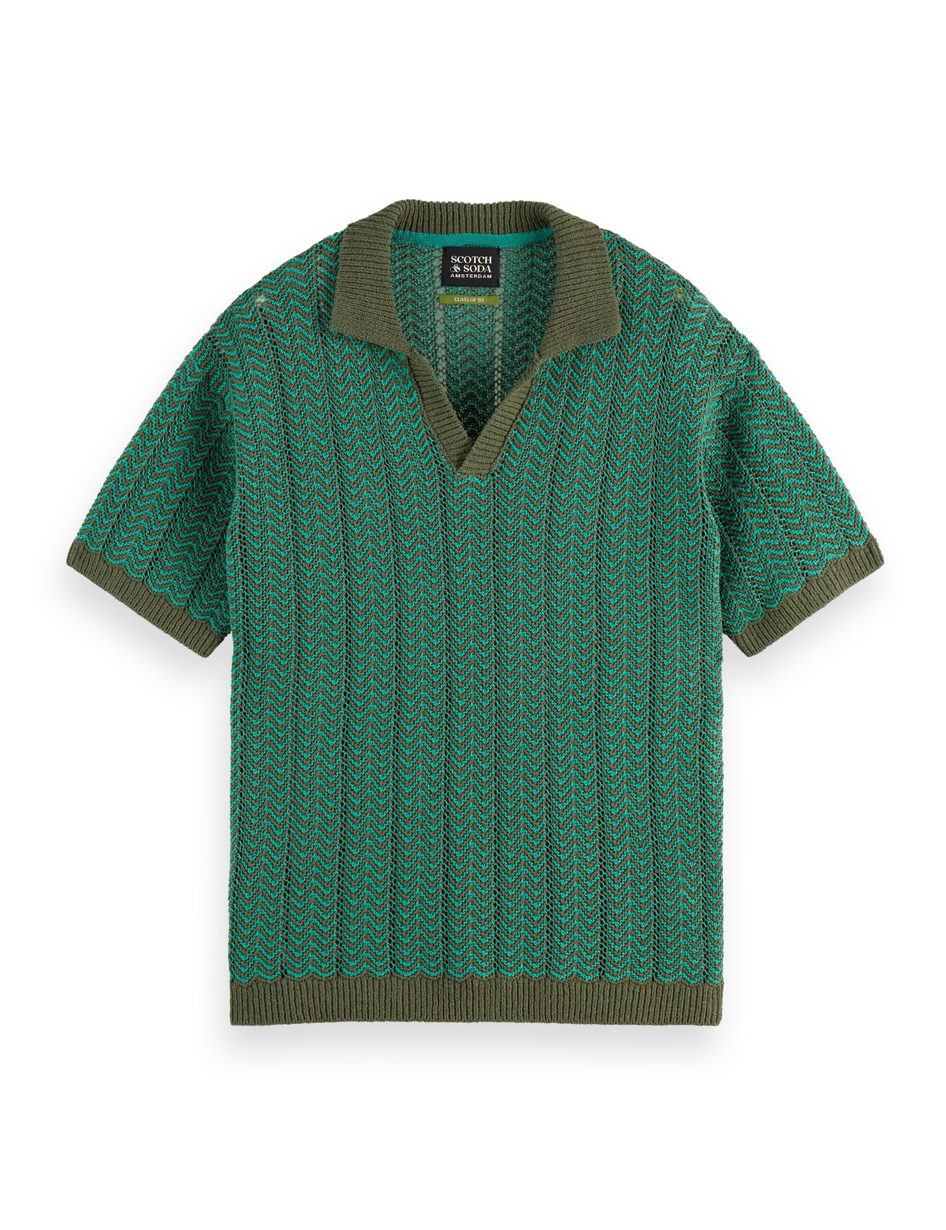 Open Structured Knitted V-Neck Polo - Thyme