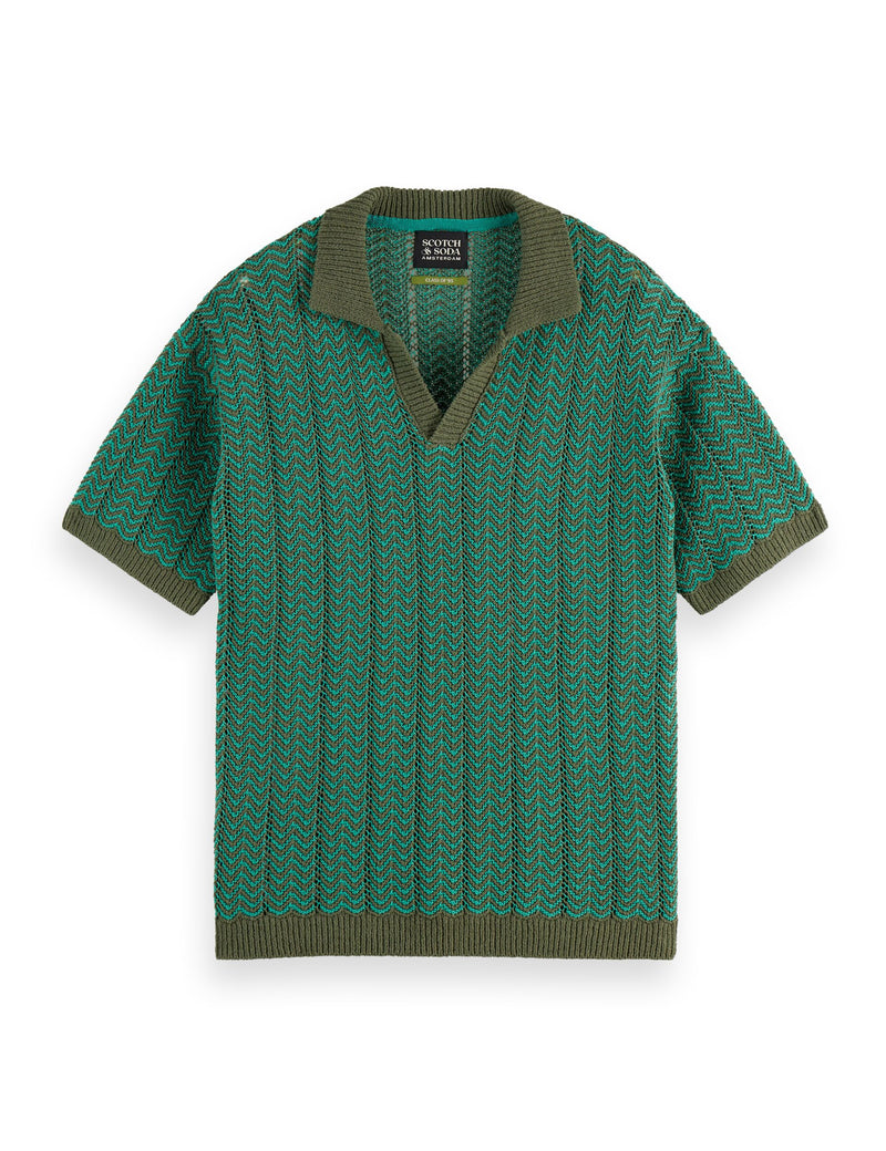 Open Structured Knitted V-Neck Polo - Thyme