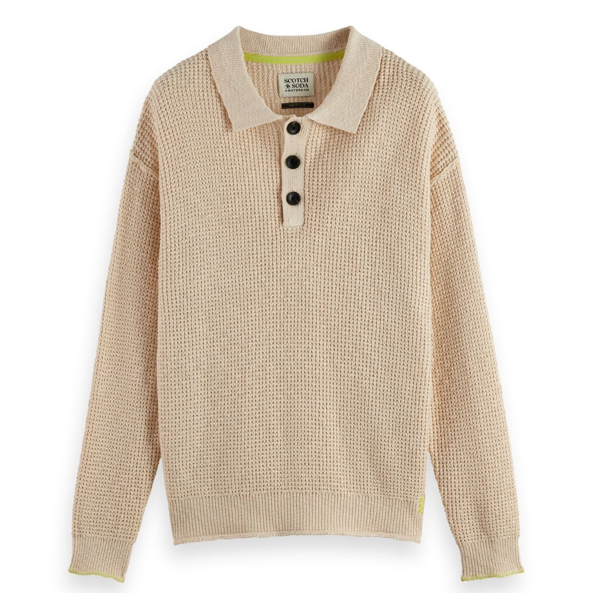 Waffle Stitch Dropped Shoulder Longsleeve Polo - Eggnog