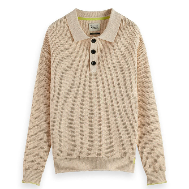 Waffle Stitch Dropped Shoulder Longsleeve Polo - Eggnog