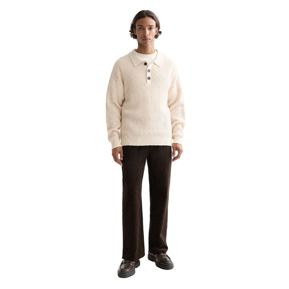 Waffle Stitch Dropped Shoulder Longsleeve Polo - Eggnog