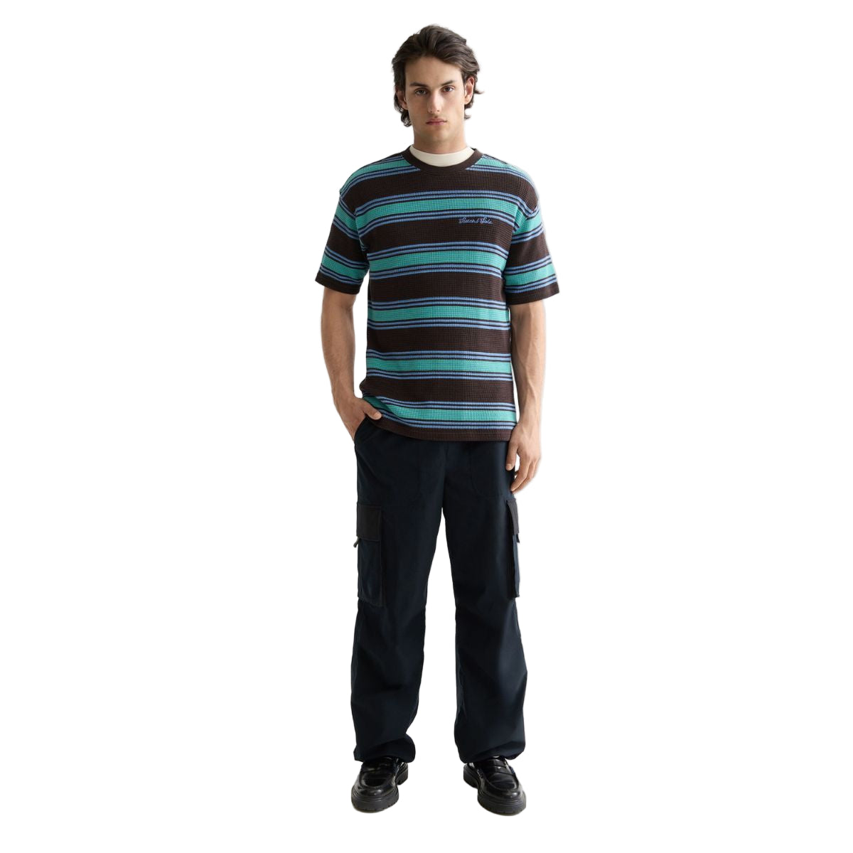 Relaxed Fit Chunky Waffle Stripe T-Shirt - Dark Brown Multi Stripe