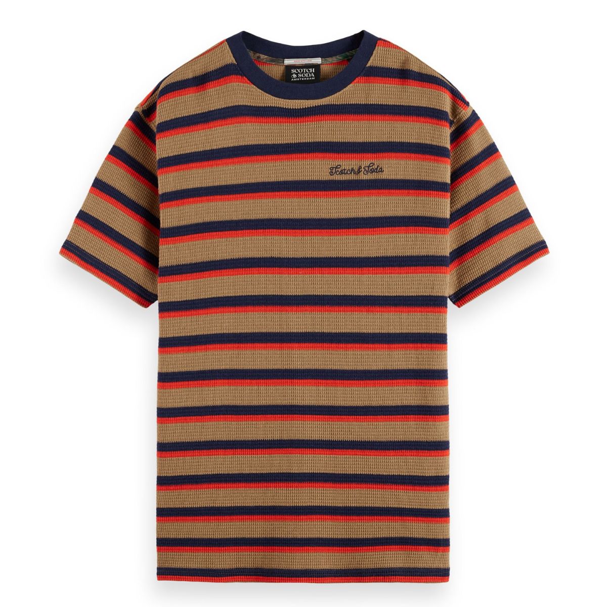 Relaxed Fit Chunky Waffle Stripe T-Shirt - Light Brown Multi Stripe