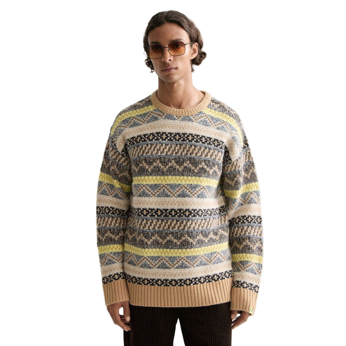 Jacquard Dropped Shoulder Crewneck - Tannin Fair Isle