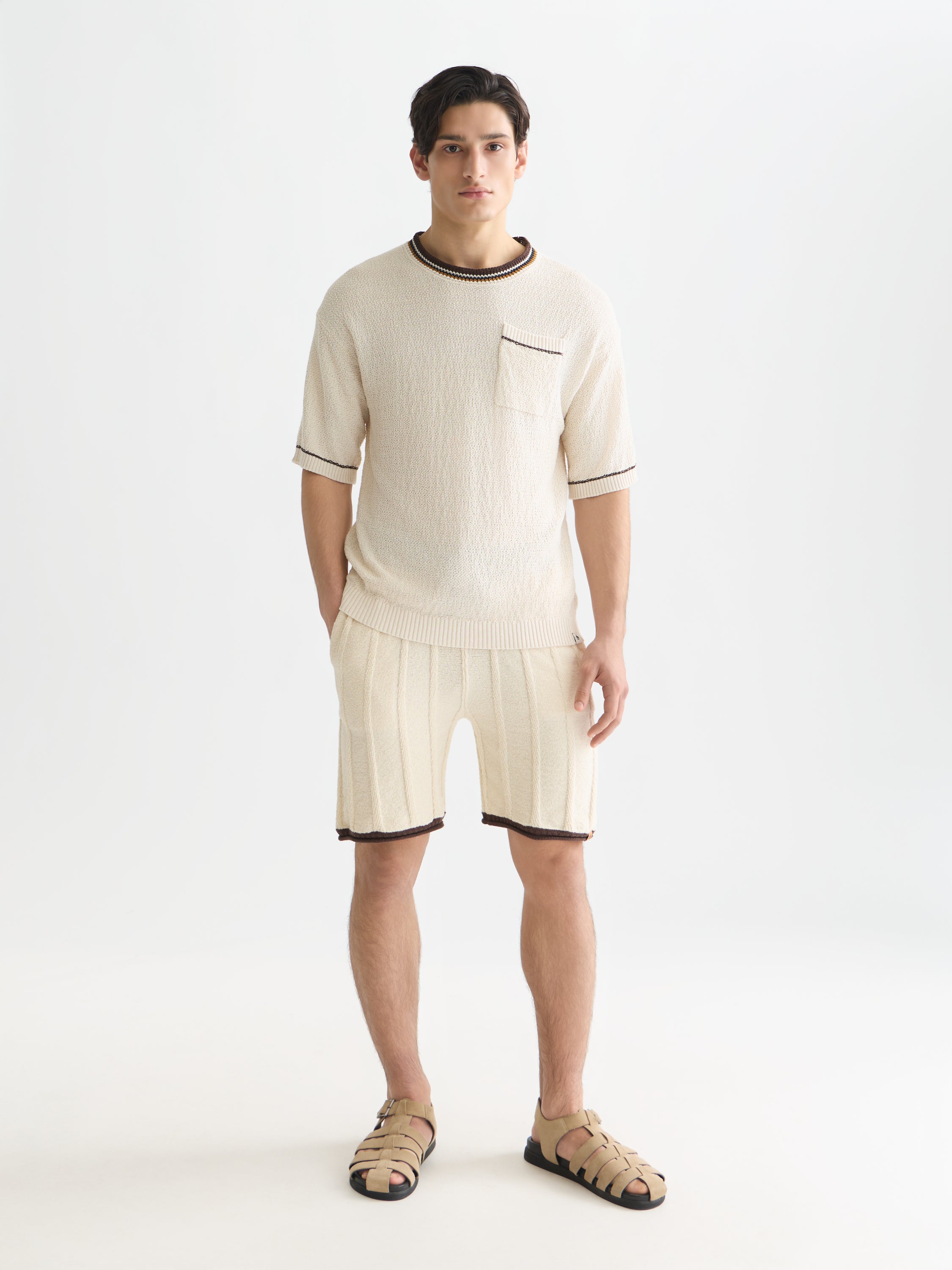 T-shirt coupe décontractée en maille de coton et lin mélangés - Couleur lait de poule