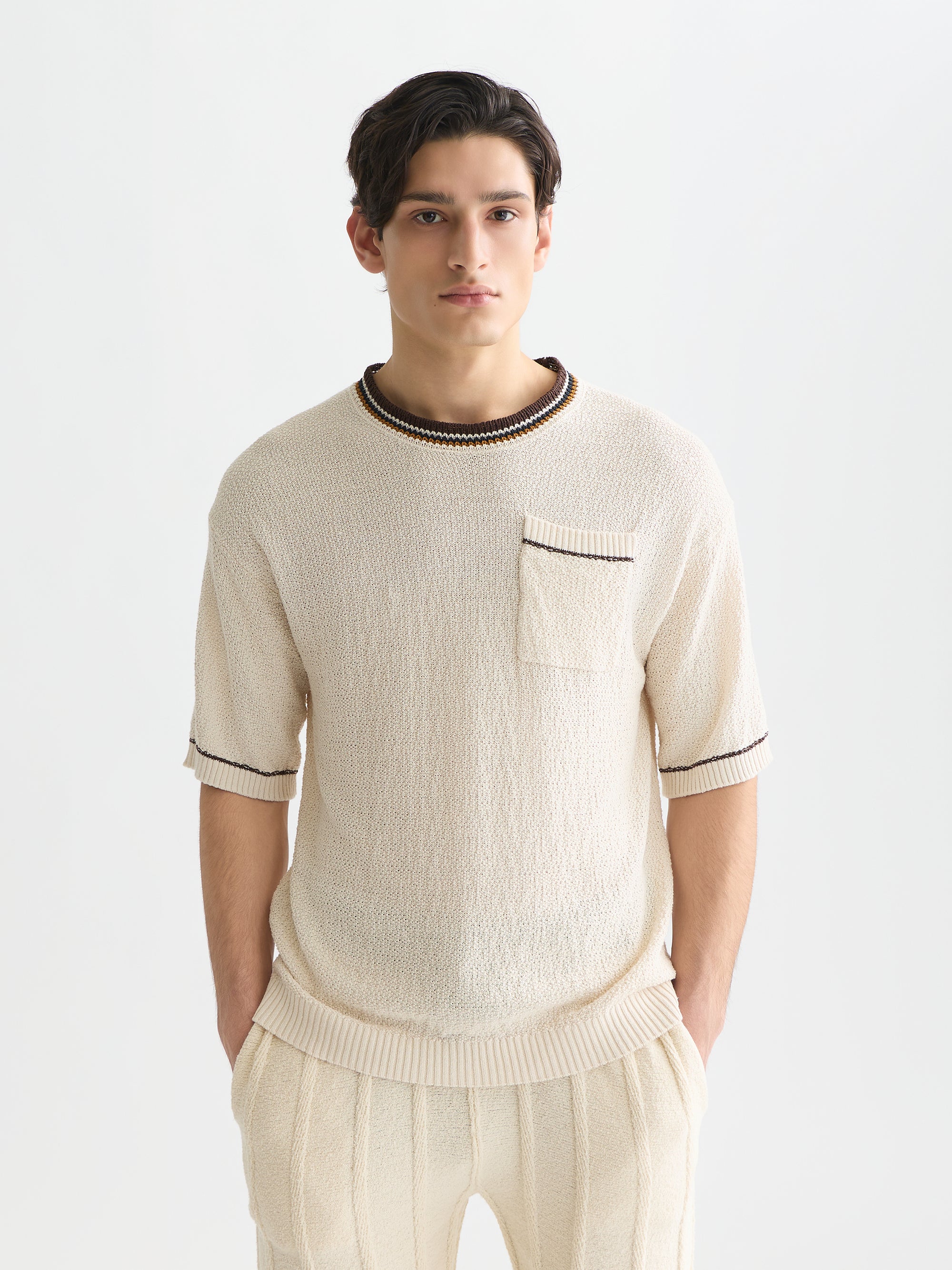 T-shirt coupe décontractée en maille de coton et lin mélangés - Couleur lait de poule