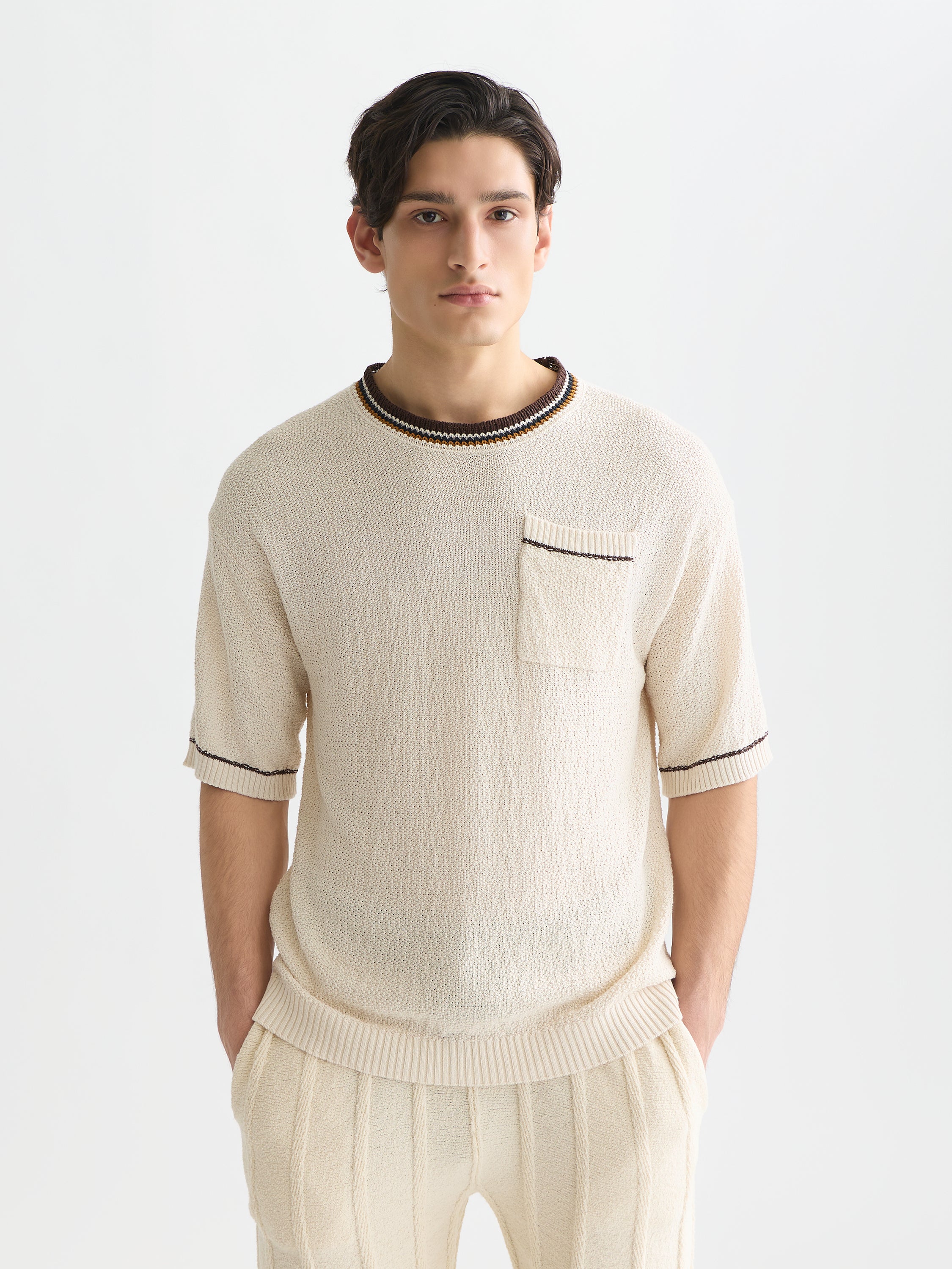 T-shirt coupe décontractée en maille de coton et lin mélangés - Couleur lait de poule