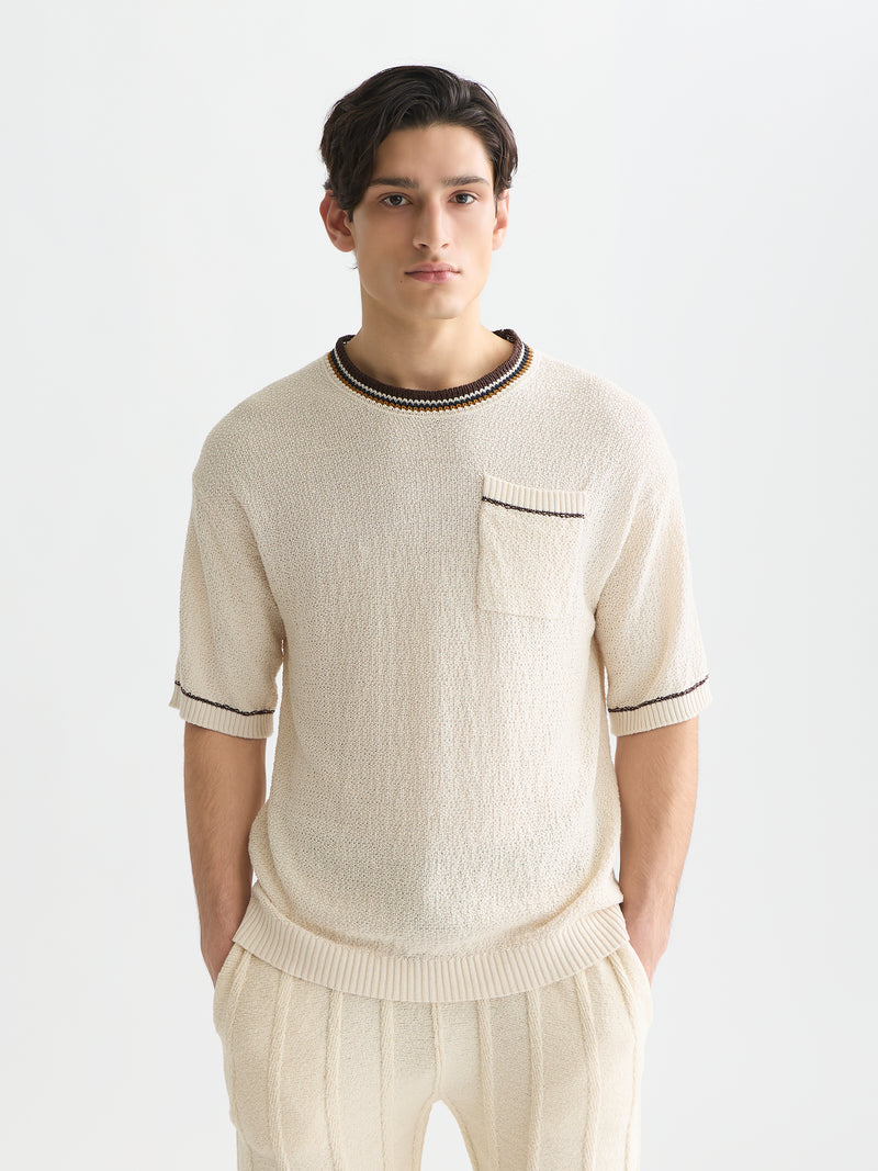 T-shirt coupe décontractée en maille de coton et lin mélangés - Couleur lait de poule