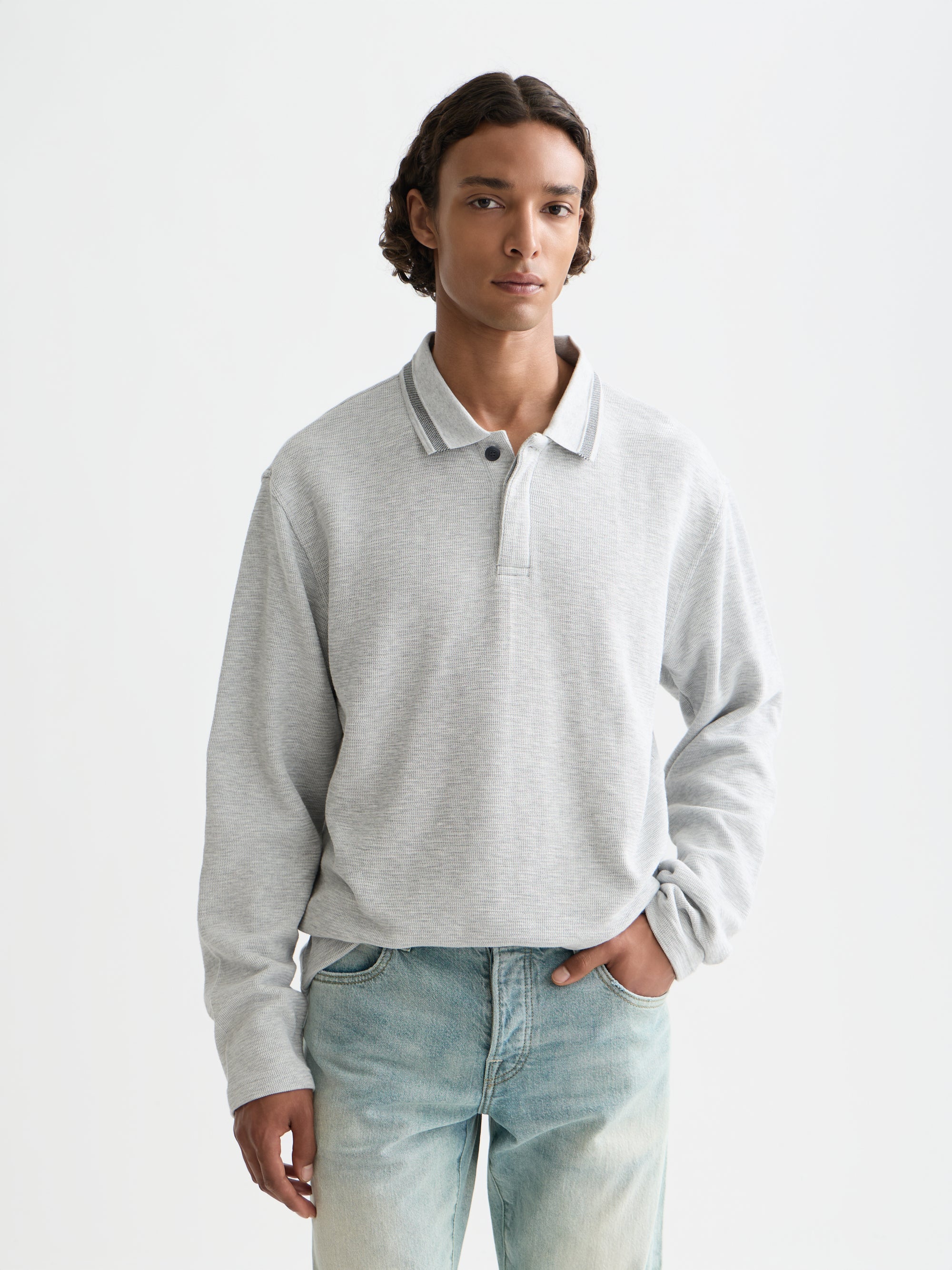 Structured Relaxed Fit Long Sleeved Polo  - Grey