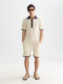 Structured Knitted Loose Fit Polo - Eggnog