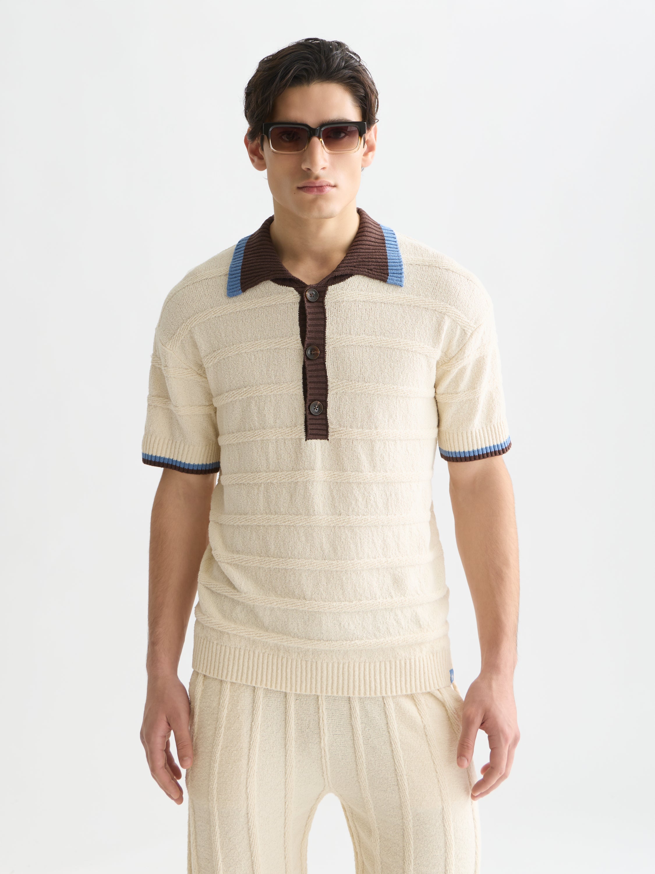 Structured Knitted Loose Fit Polo - Eggnog