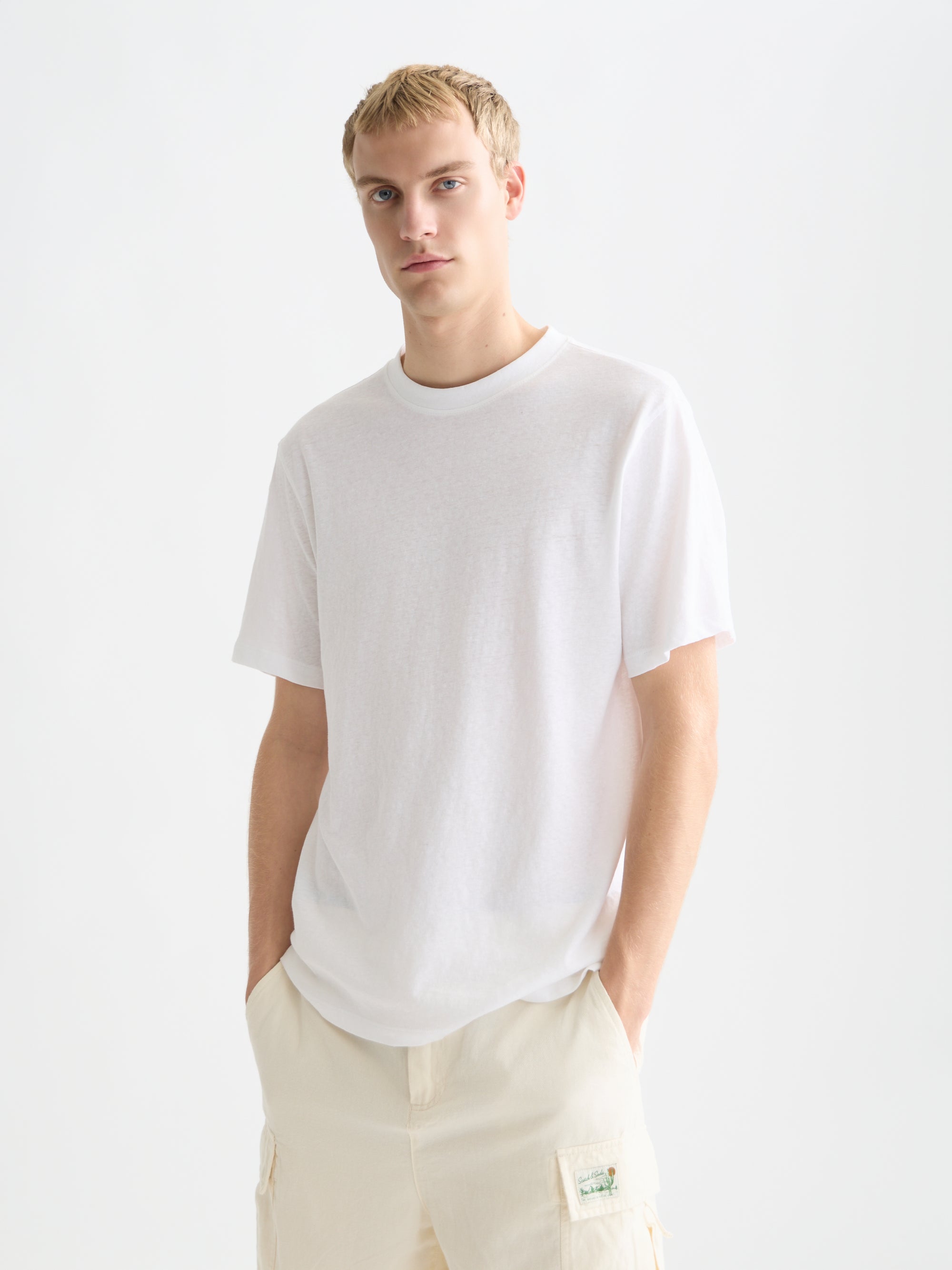3 Crosses Cotton Linen Regular Fit T-Shirt - Bright White