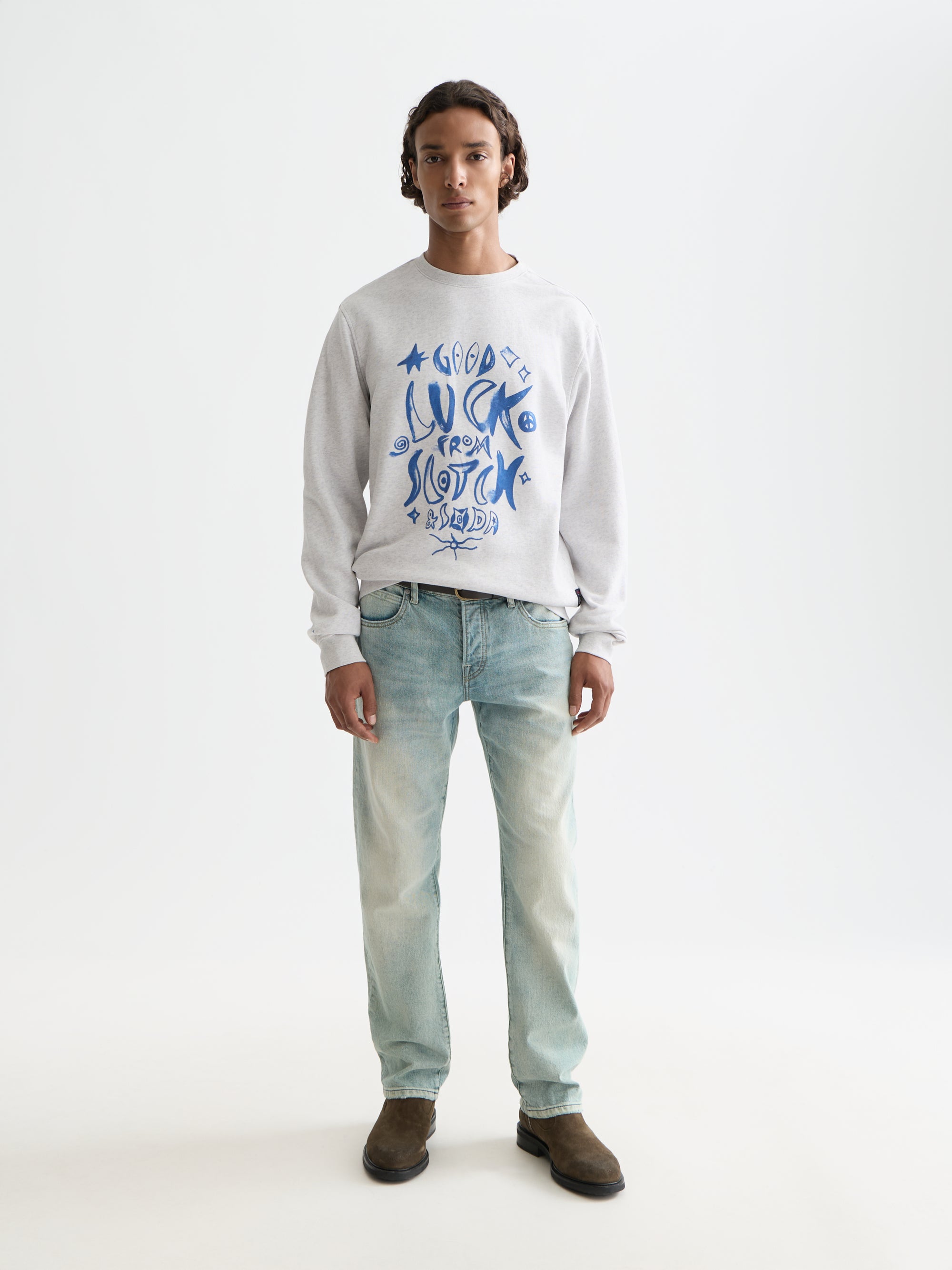 Washed Denim Graphic Sweat - Grey Melange