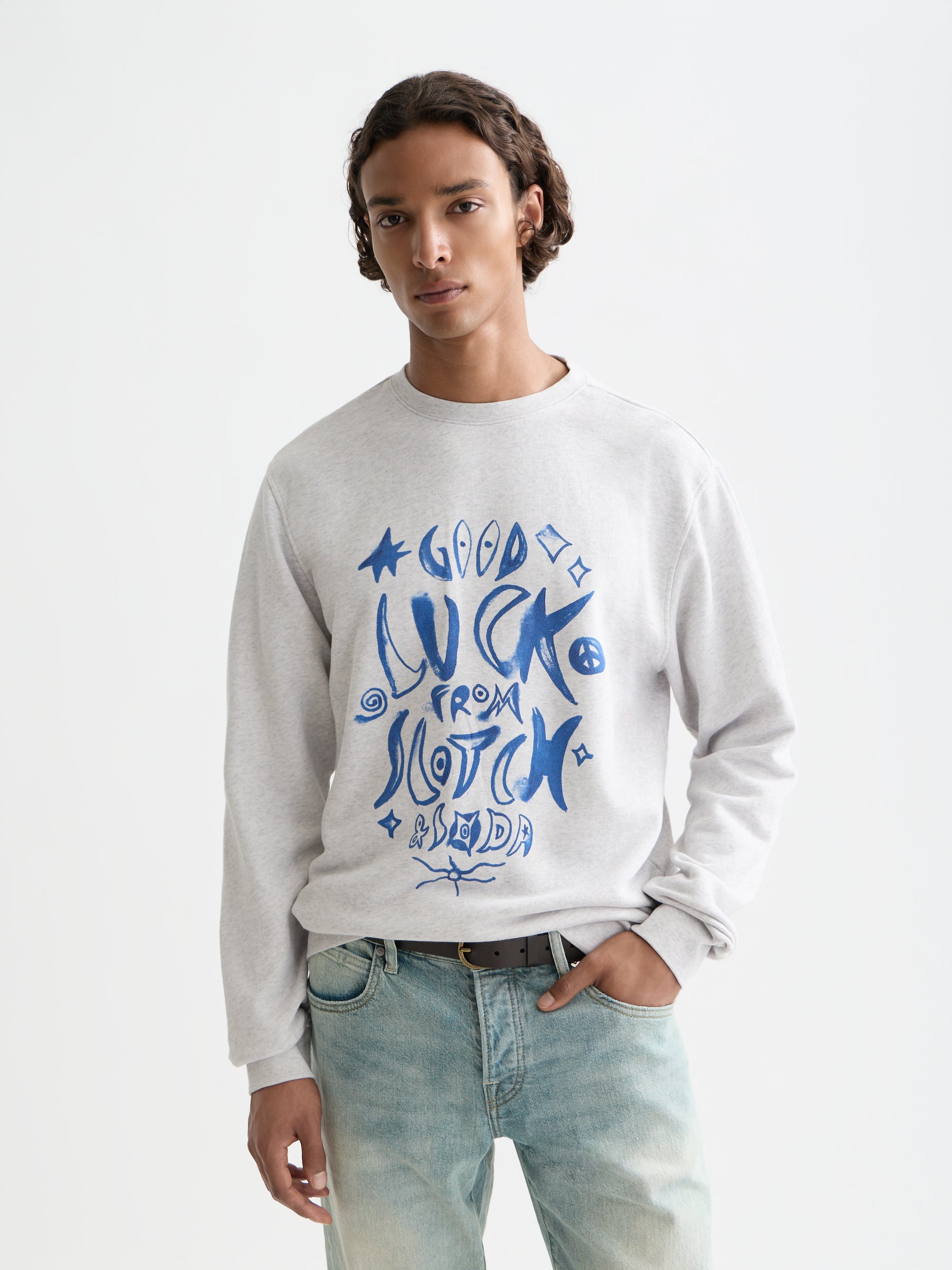 Washed Denim Graphic Sweat - Grey Melange