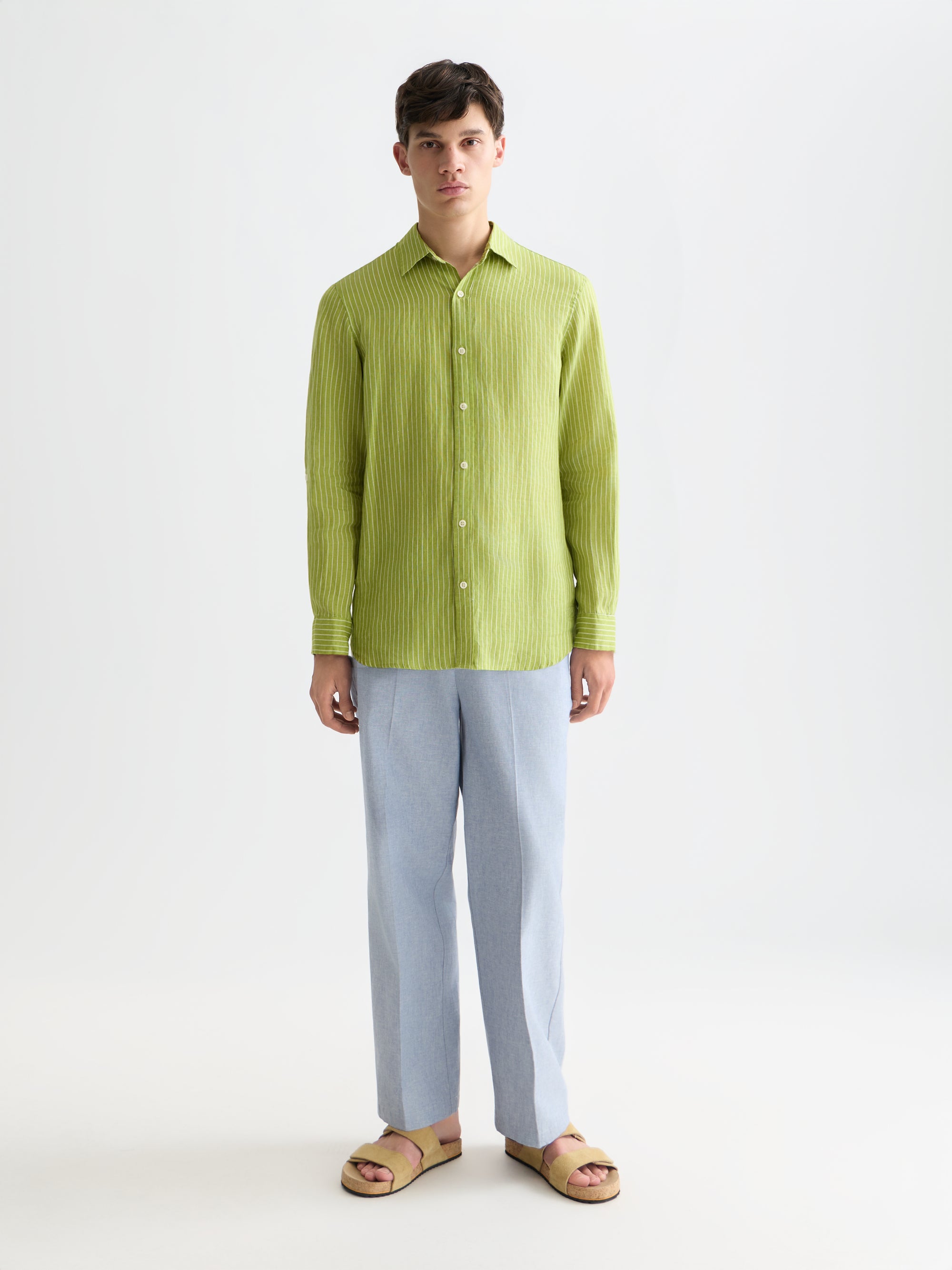 Chemise rayée en lin coupe classique - Rayures vert jardin