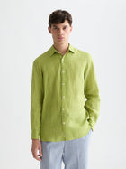Chemise rayée en lin coupe classique - Rayures vert jardin