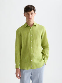 Chemise rayée en lin coupe classique - Rayures vert jardin