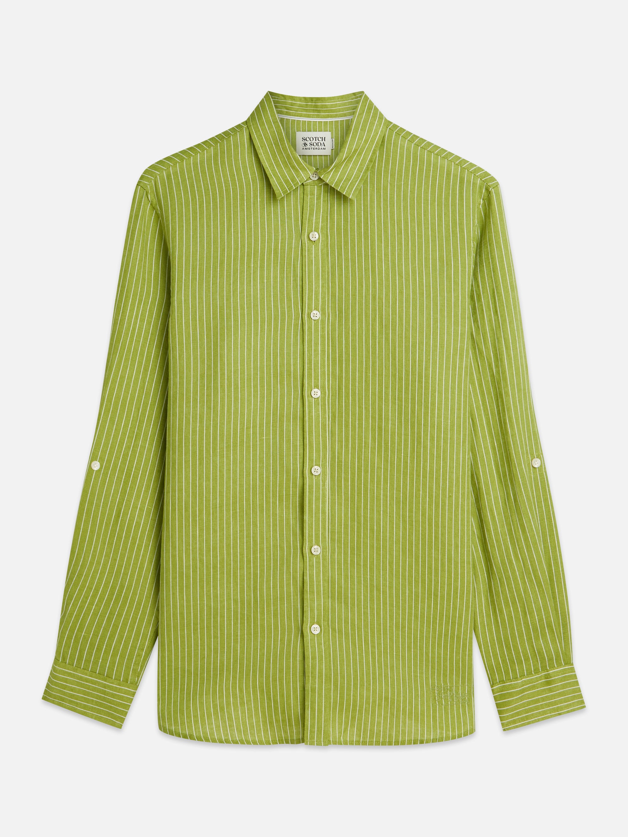 Chemise rayée en lin coupe classique - Rayures vert jardin