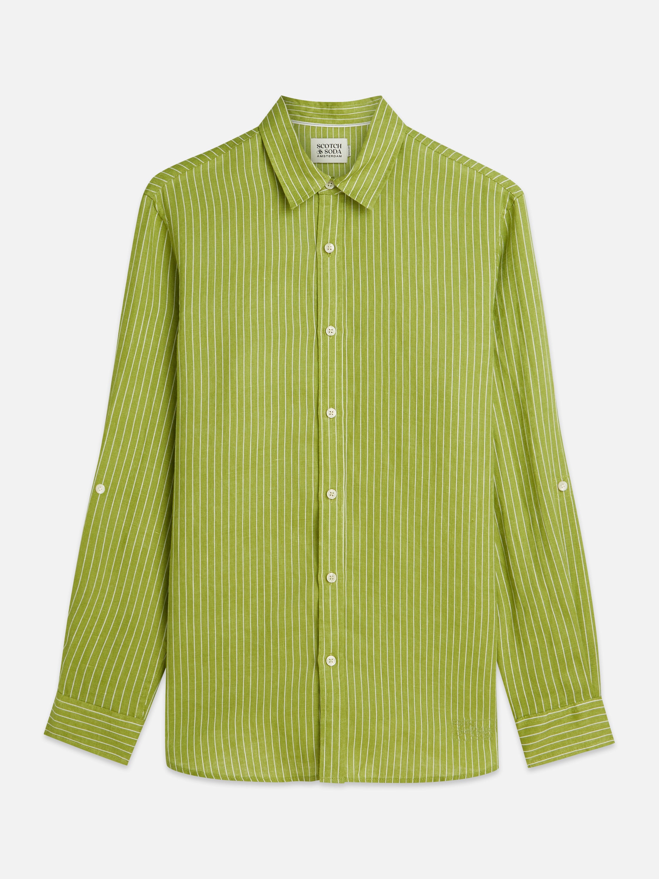 Chemise rayée en lin coupe classique - Rayures vert jardin
