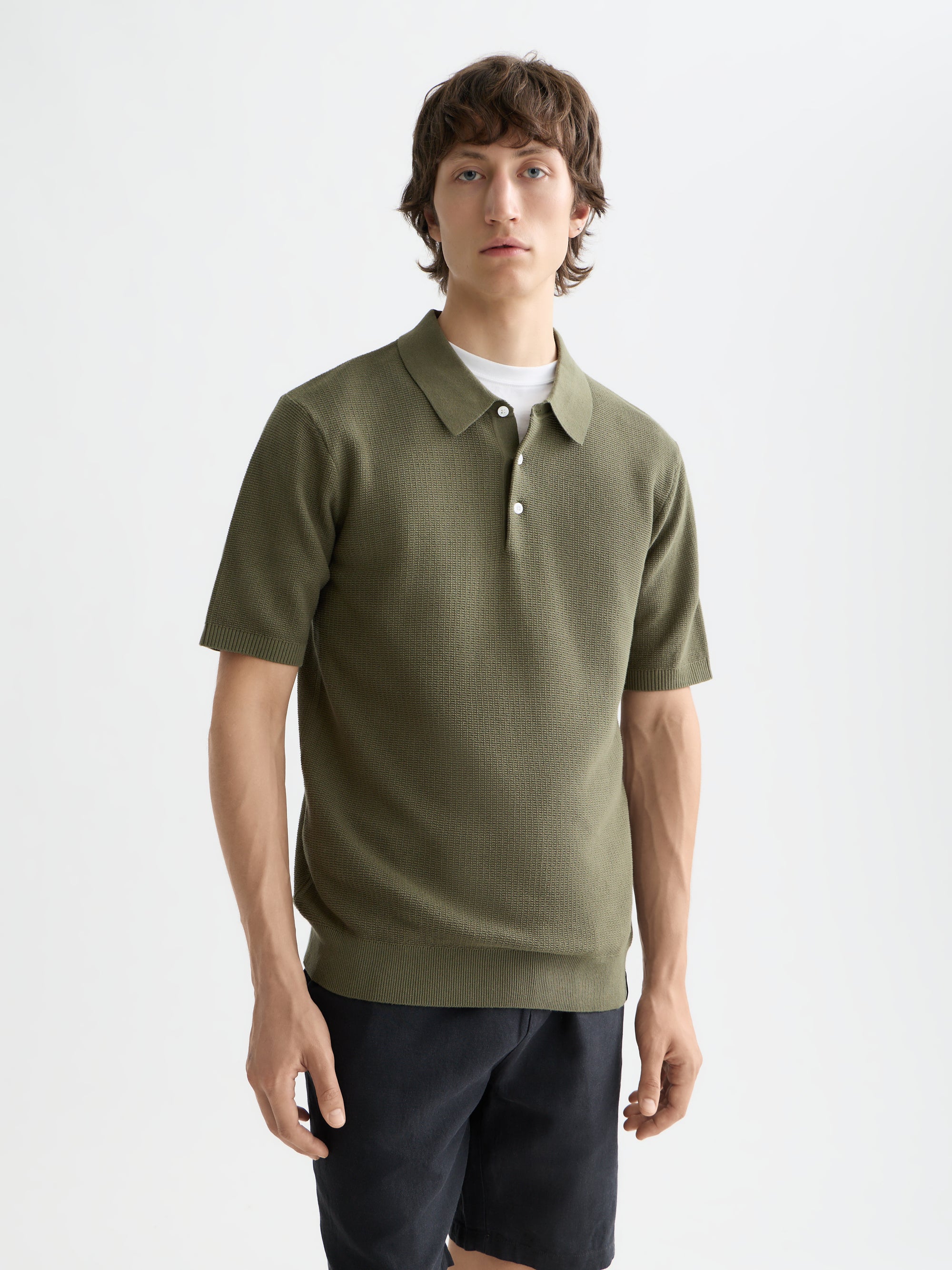 Structured Knitted Regular Fit Polo - Olive Night
