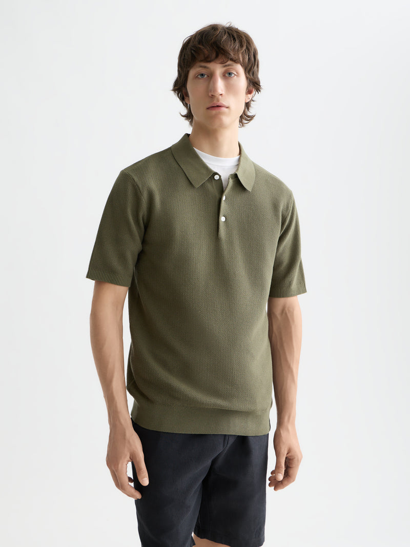 Structured Knitted Regular Fit Polo - Olive