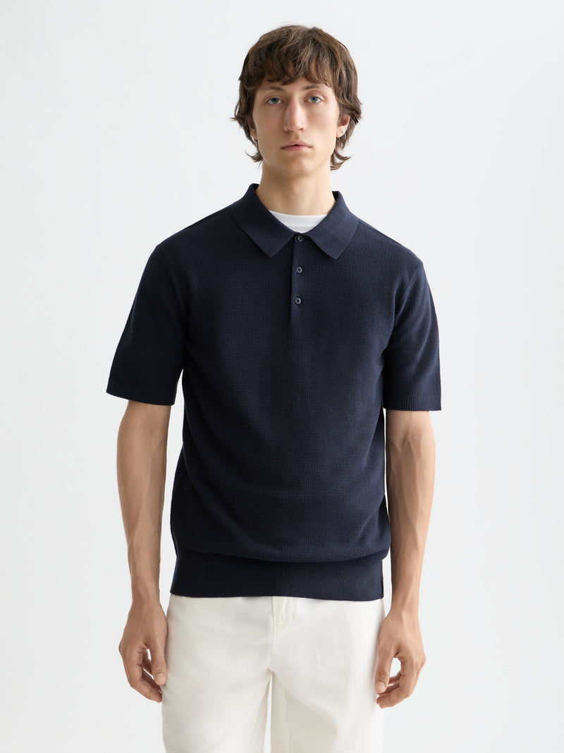 Structured Knitted Regular Fit Polo - Navy