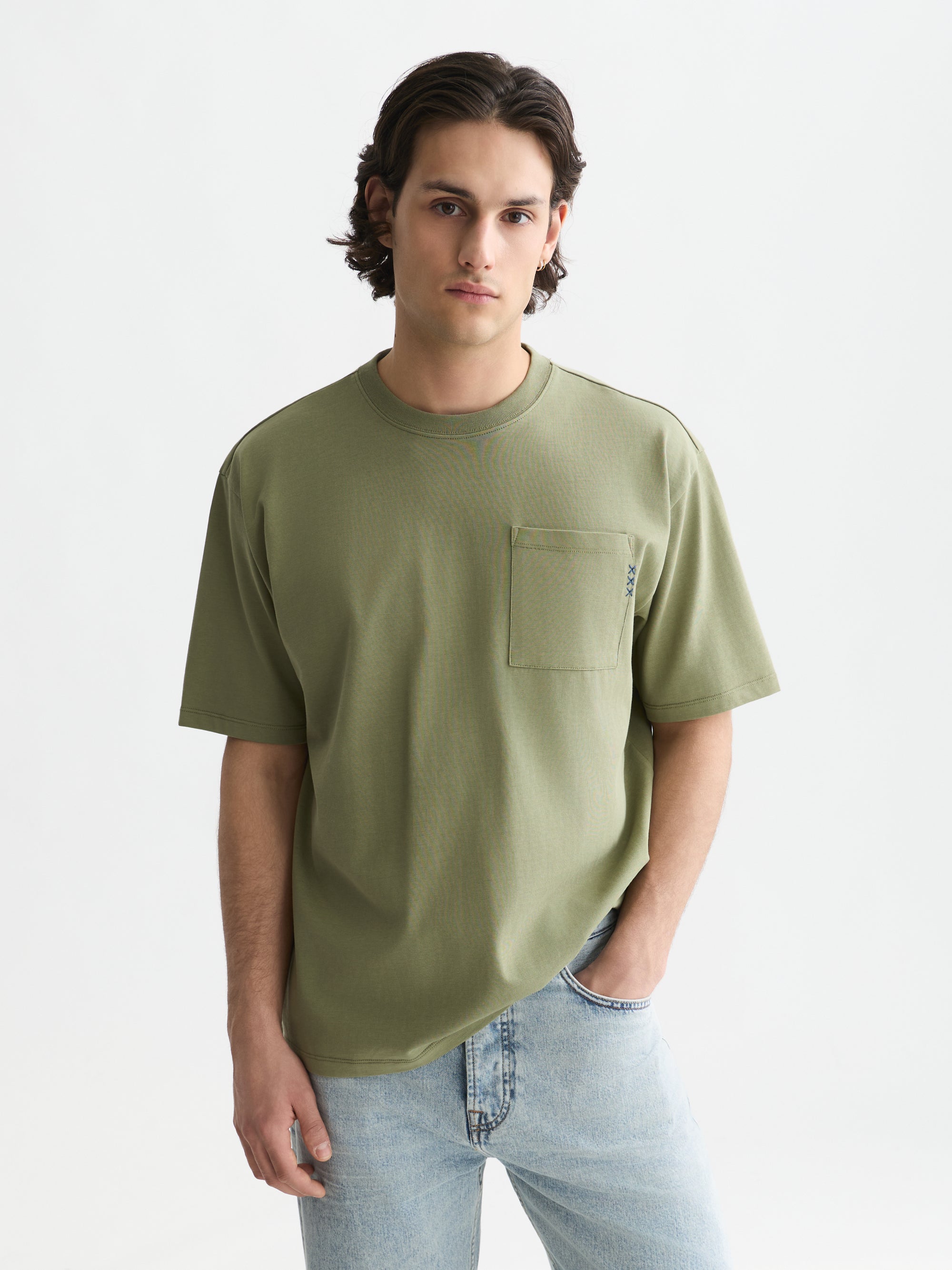 Seasonal Core 3 Crosses Chest Pocket Loose Fit T-Shirt - Oil Green