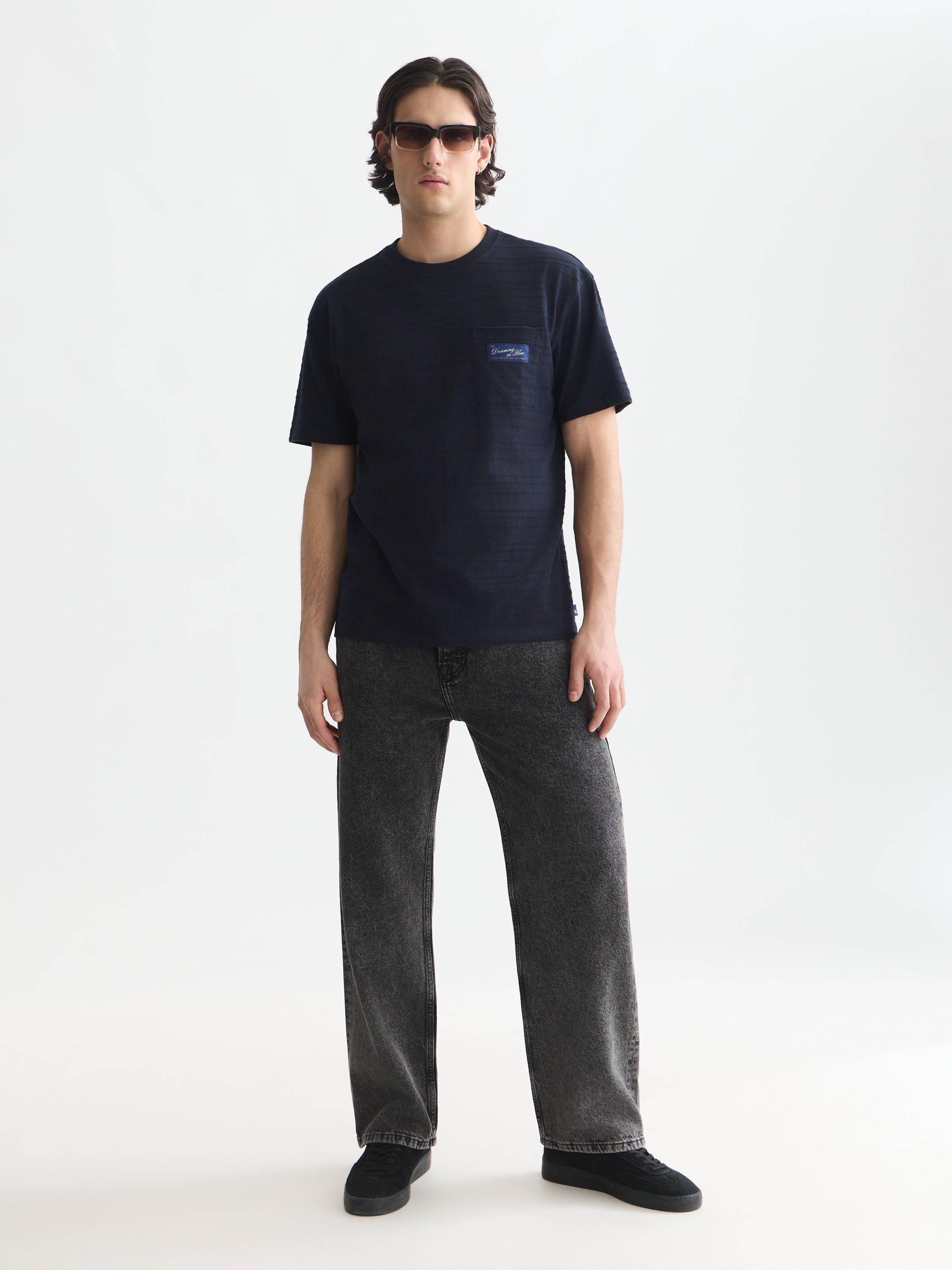 Textured Jacquard Relaxed Fit T-Shirt - Sky Captain
