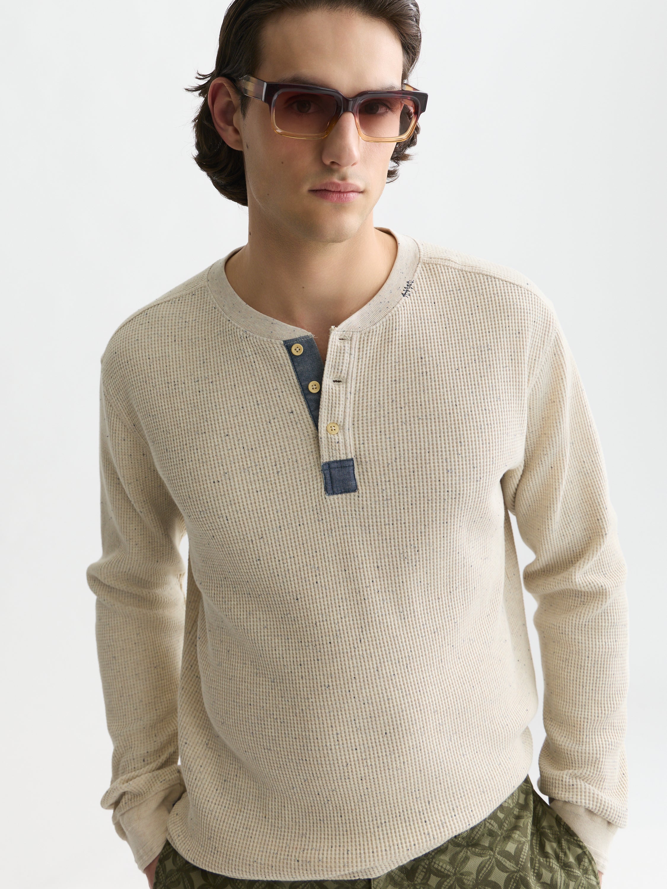 Henley Melange Regular Fit Long-Sleeved T-Shirt - Oatmeal Melange