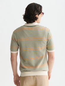 Striped Structured Knitted Regular Fit Polo - Oil Green Stripe