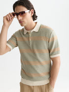 Striped Structured Knitted Regular Fit Polo - Oil Green Stripe