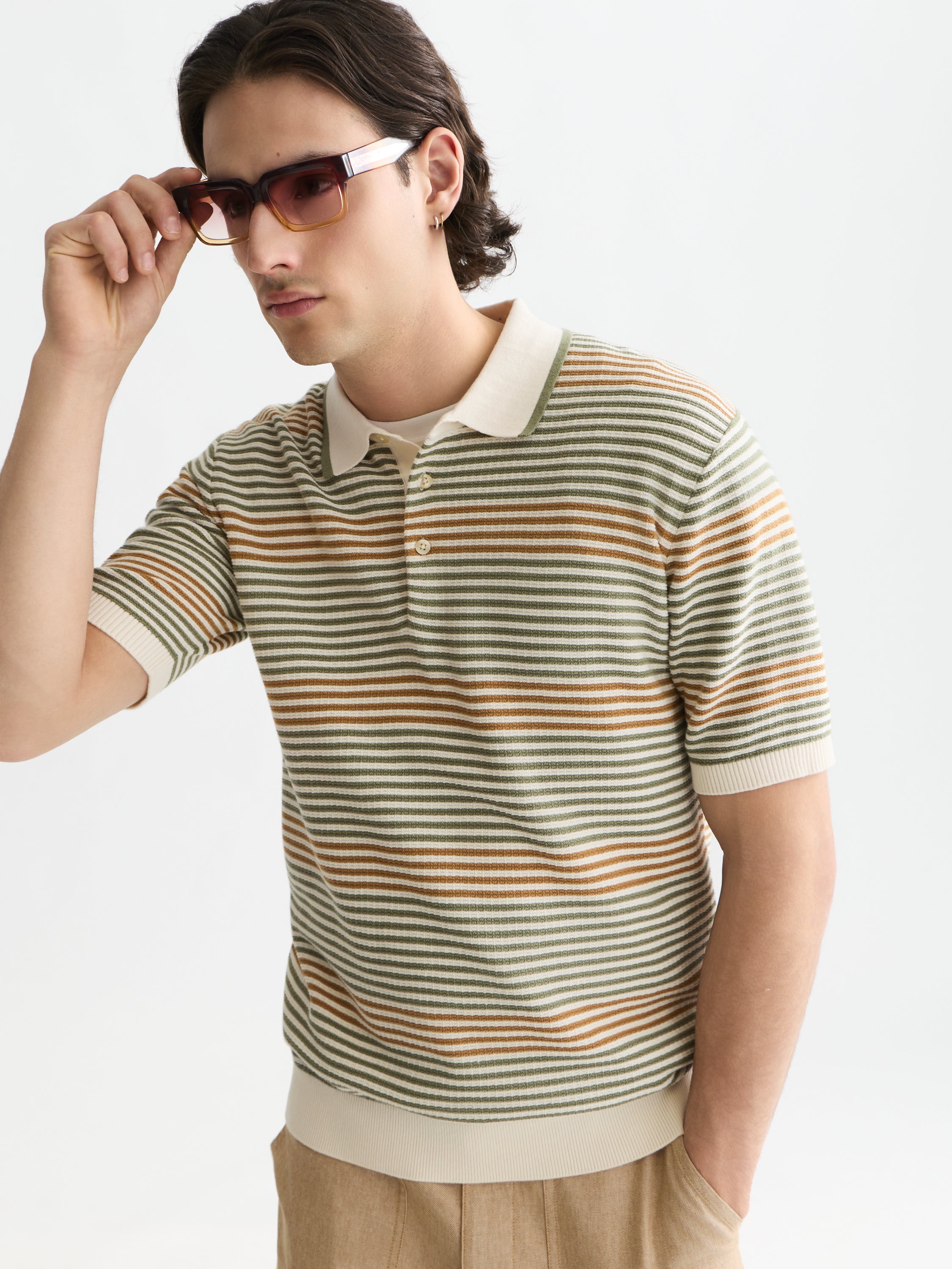 Striped Structured Knitted Regular Fit Polo - Oil Green Stripe