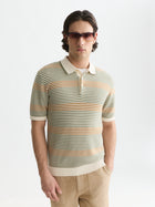 Striped Structured Knitted Regular Fit Polo - Oil Green Stripe