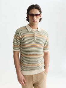 Striped Structured Knitted Regular Fit Polo - Oil Green Stripe