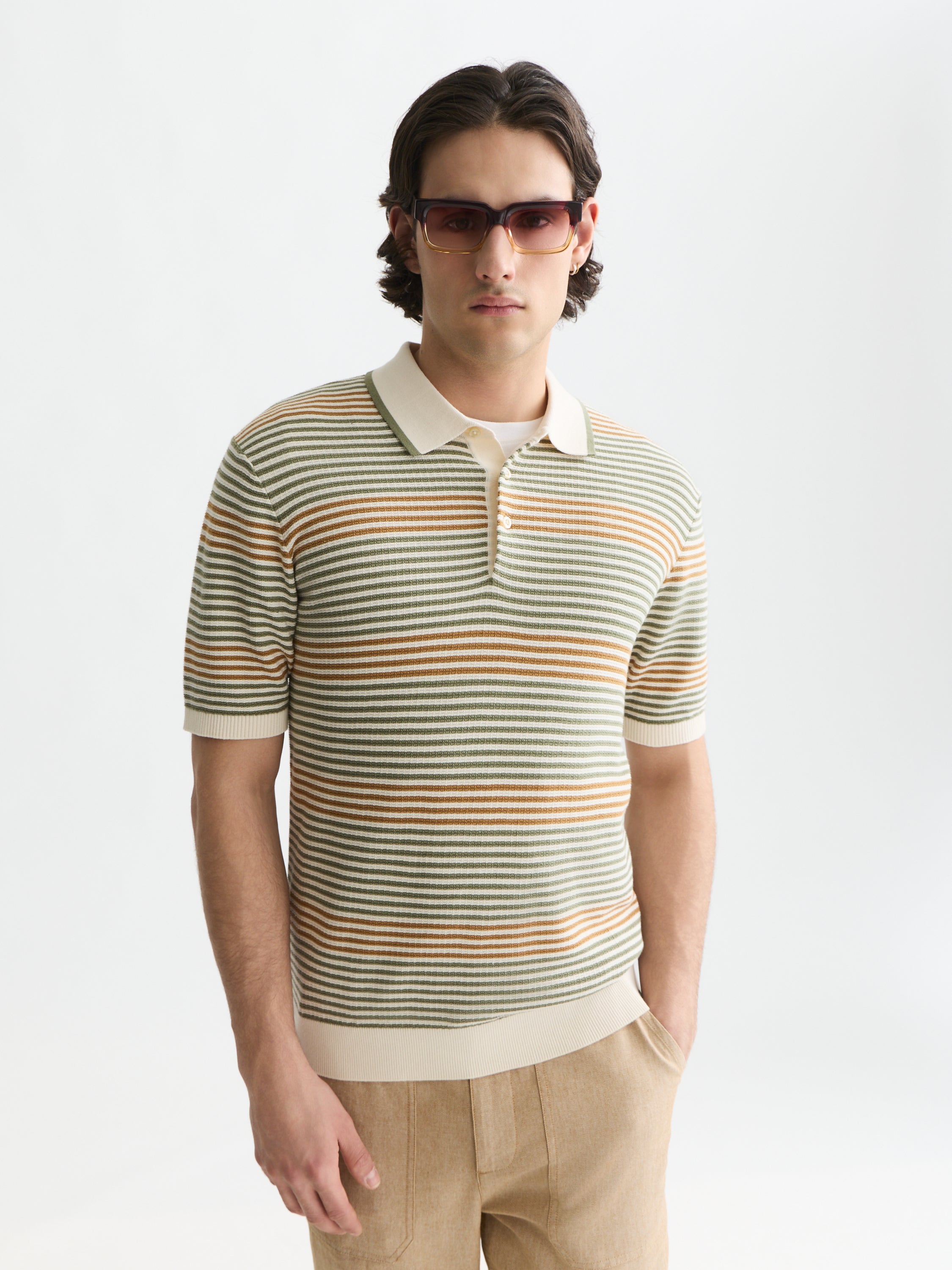 Striped Structured Knitted Regular Fit Polo - Oil Green Stripe