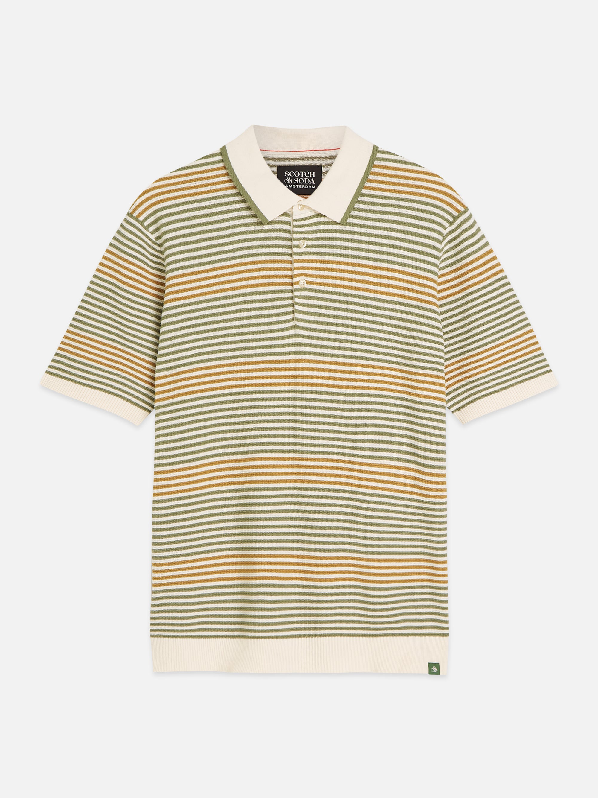 Striped Structured Knitted Regular Fit Polo - Oil Green Stripe