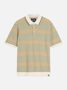 Striped Structured Knitted Regular Fit Polo - Oil Green Stripe