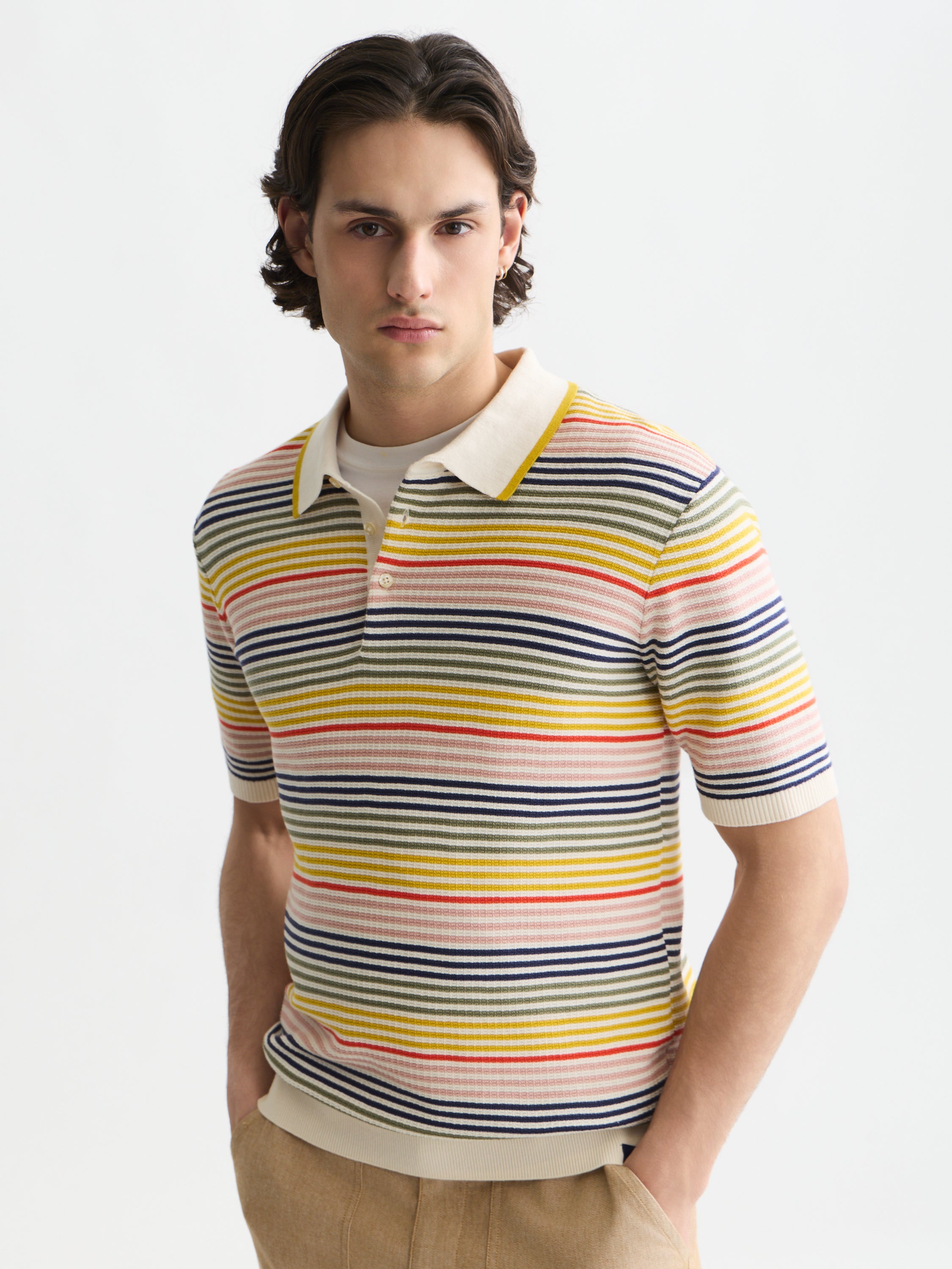 Striped Structured Knitted Regular Fit Polo - Multicolour Stripe