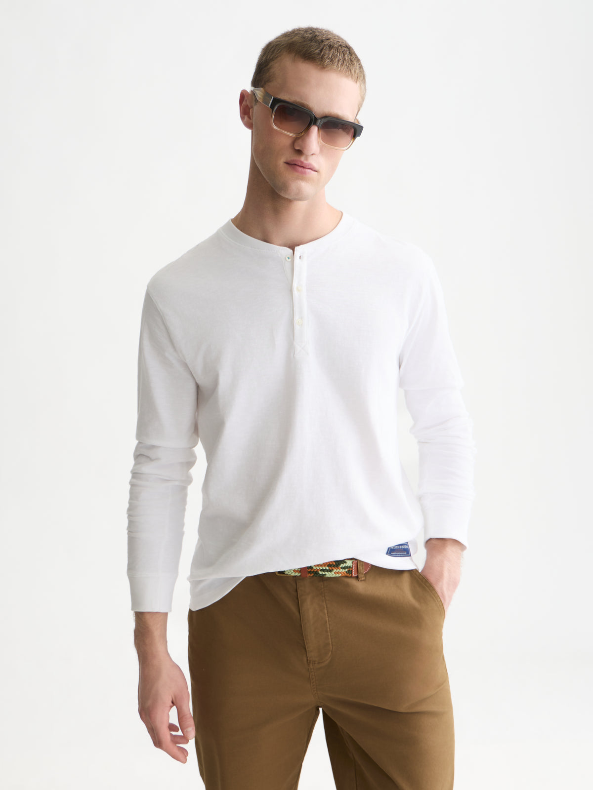 Henley Slub Regular-Fit Long Sleeved T-Shirt - Bright White