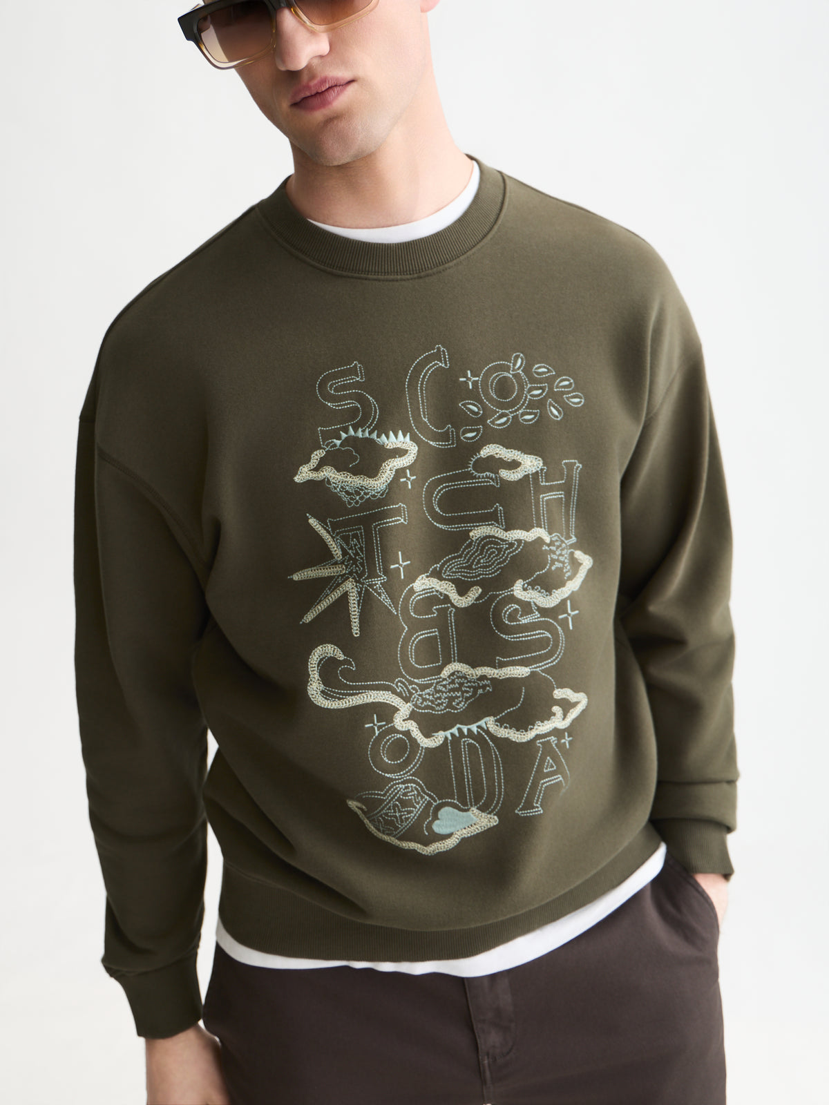 Front Embroidered Artwork Relaxed-Fit Sweatshirt - Forest Night